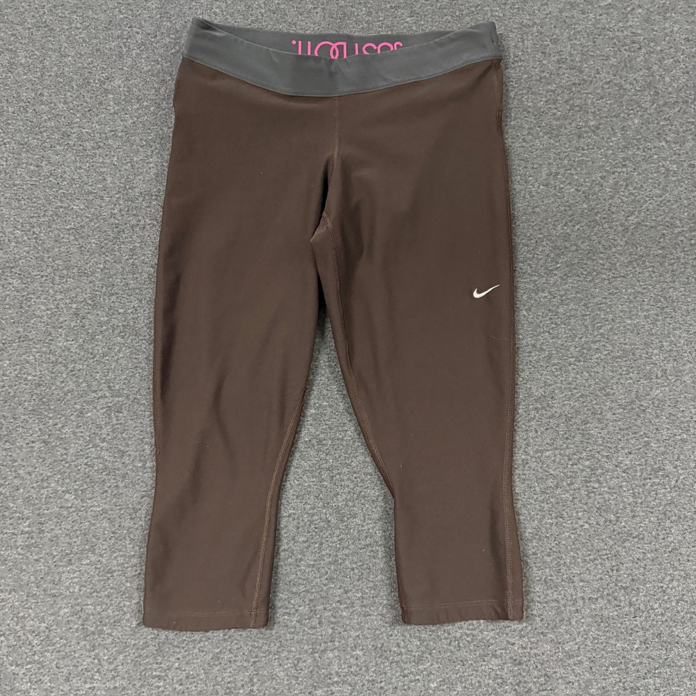 Y2K Nike Dri-FIT Capri Leggings Womens Large Brown Good Cropped Zipper Pocket